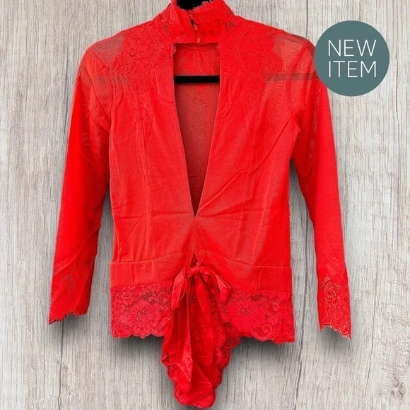 Free People / Revolve x Take HAH Bow Bodysuit Blood Orange REVERSIBLE MED - Picture 4 of 15